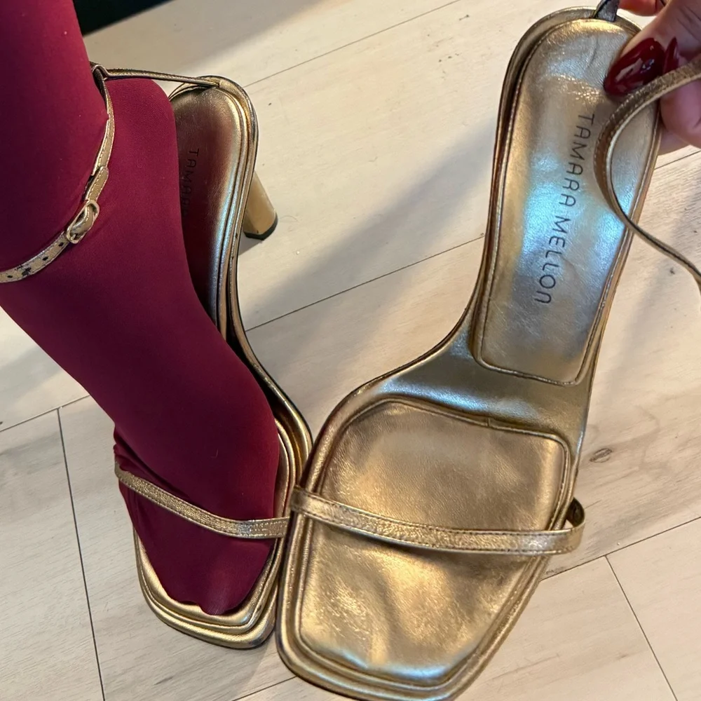 Tamara Mellon Gold Pillow Top Heels Strappy Sandal